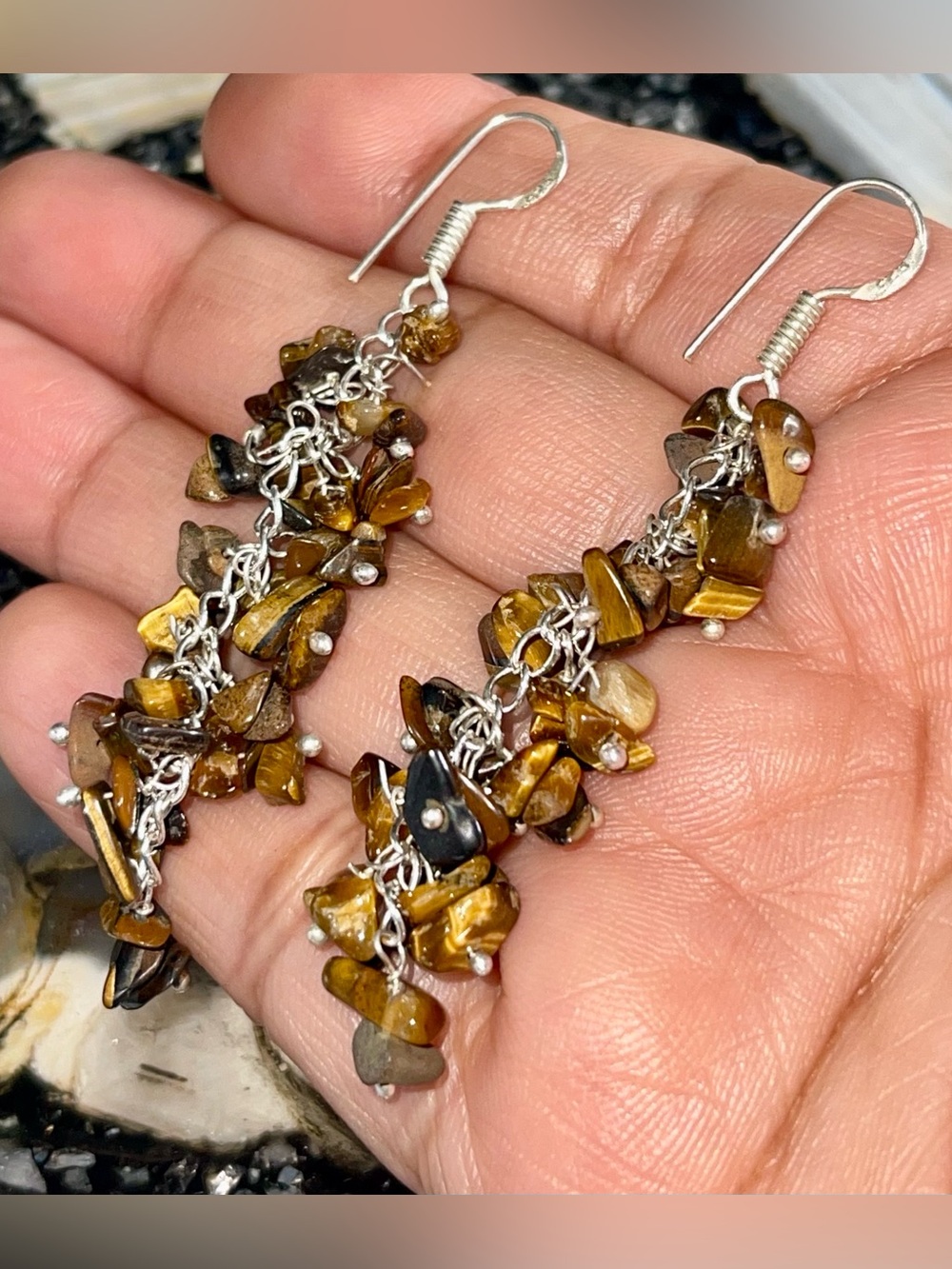 Nuggets of Golden Yellow Tiger Eye Earrings 2 1/2”